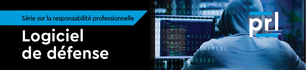 Masthead&nbsp;– Dos d'un homme à capuche bleu devant un écran d'ordinateur&nbsp;; implique un piratage. Logo PRL dans le coin supérieur gauche