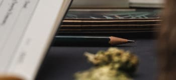 Side view of notebooks, pencil and cannabis buds on a black table.